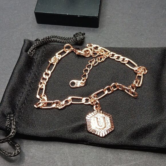New 18k Rose Gold Plated Anklet Initial U Women's - Picture 3 of 5